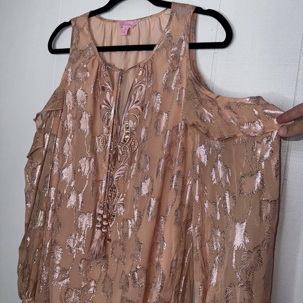 Lilly Pulitzer Women’s Marlyse Silk Dress Sandstone Metallic Palm Tree Size M - Picture 4 of 6